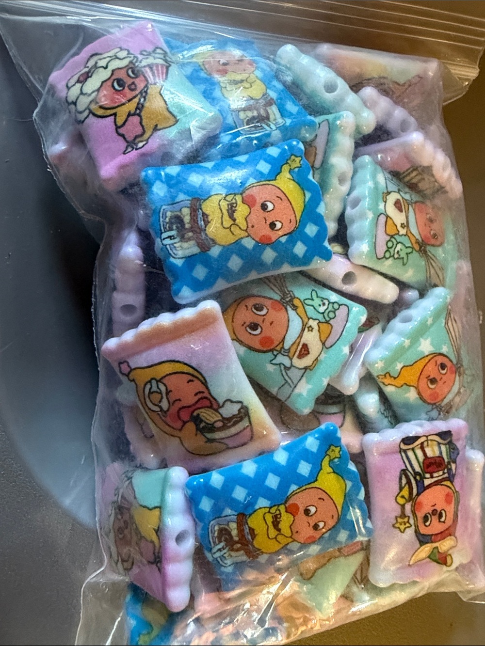 50 of Cute Pastel Cartoon Pillow Beads - Assorted Blue, Pink, Mint